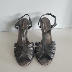 BCBGMaxAzria Silver Platinum Black Strappy Snake Print Sandals 7.5